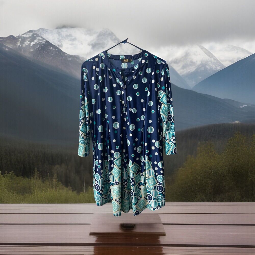 R&B Collection Top Womens  XL Blue Casual Polka Dot Stretch Jersey 3/4 Sleeve
